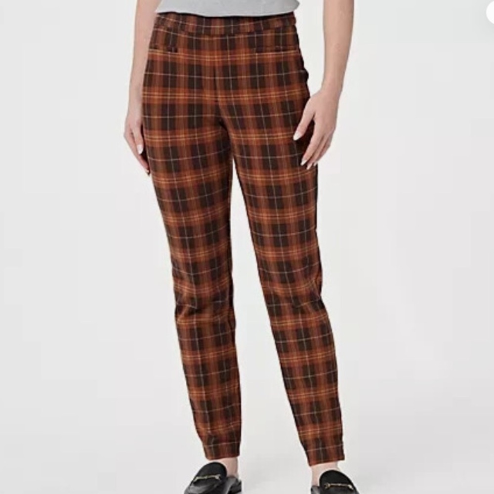 Susan Graver Straight Leg Pull On Career Pants Womens Large Pockets Punk Plaid